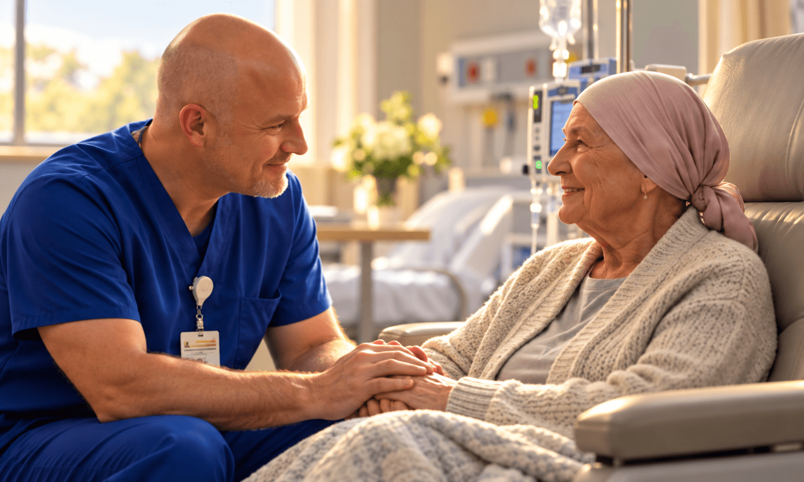 An oncology nurse sharing a warm moment with a patient