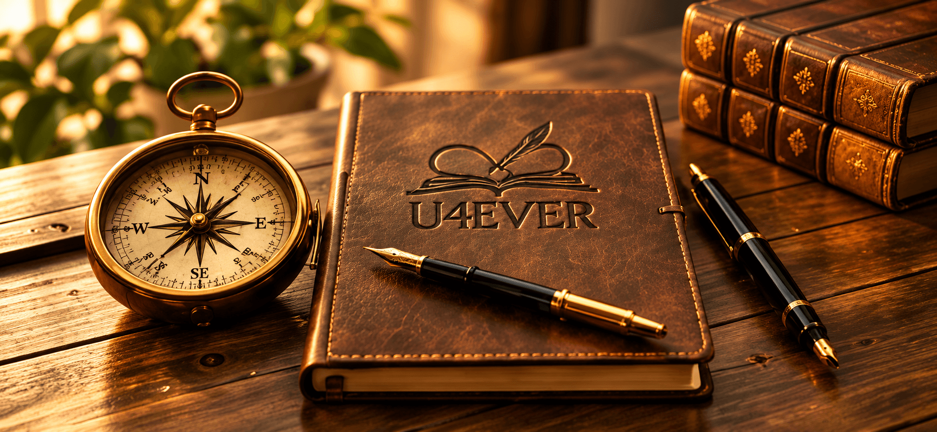 A U4EVER leather journal, brass compass, and fountain pens