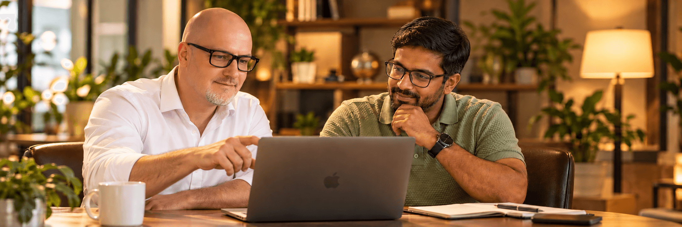 Scott and Farhan working together at a laptop
