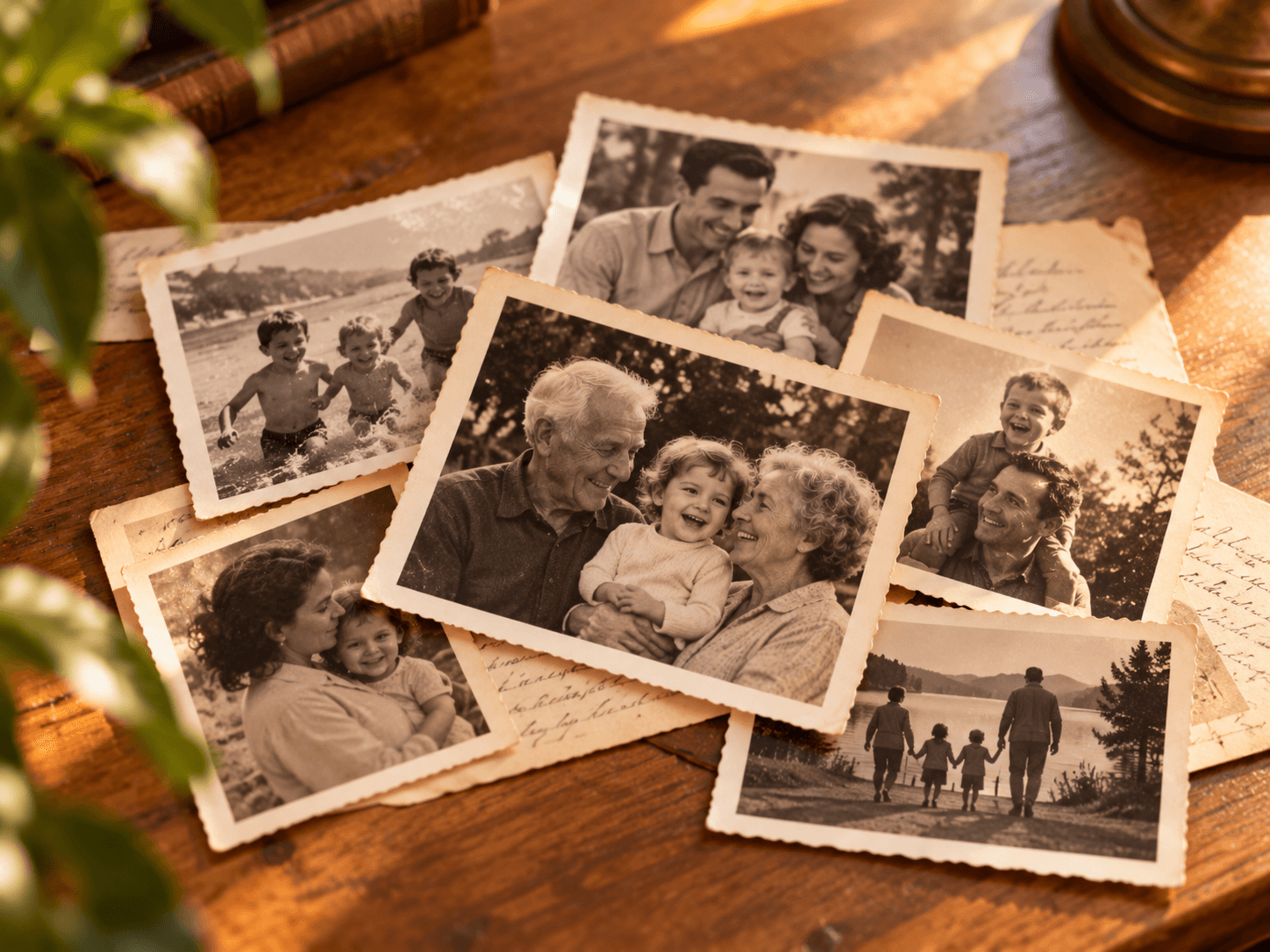 Vintage family photographs and handwritten memories on a wooden table