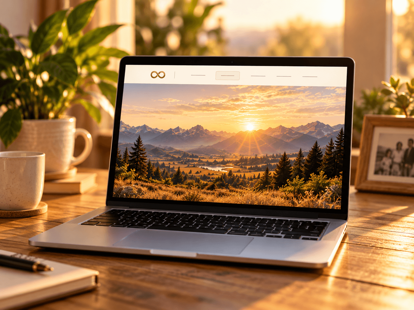 A laptop displaying an illustrated legacy page with a sunset mountain photograph