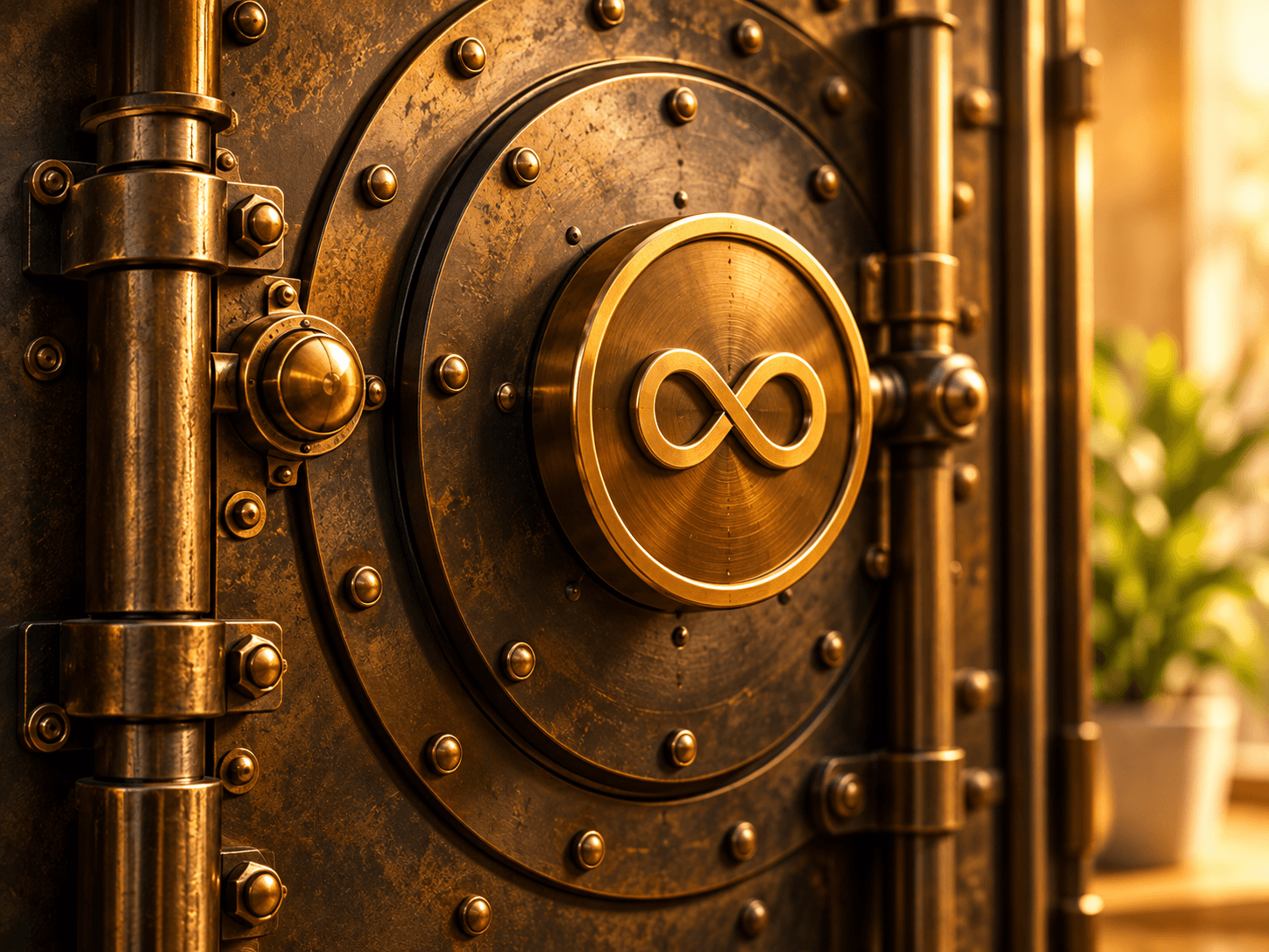 An antique bronze vault with a golden infinity medallion