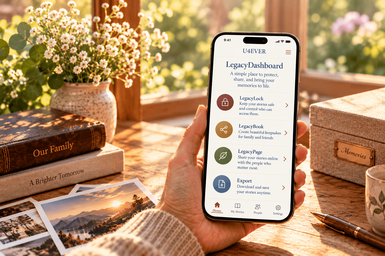 LegacyDashboard on a phone beside family keepsake books, printed photographs, and a memory box