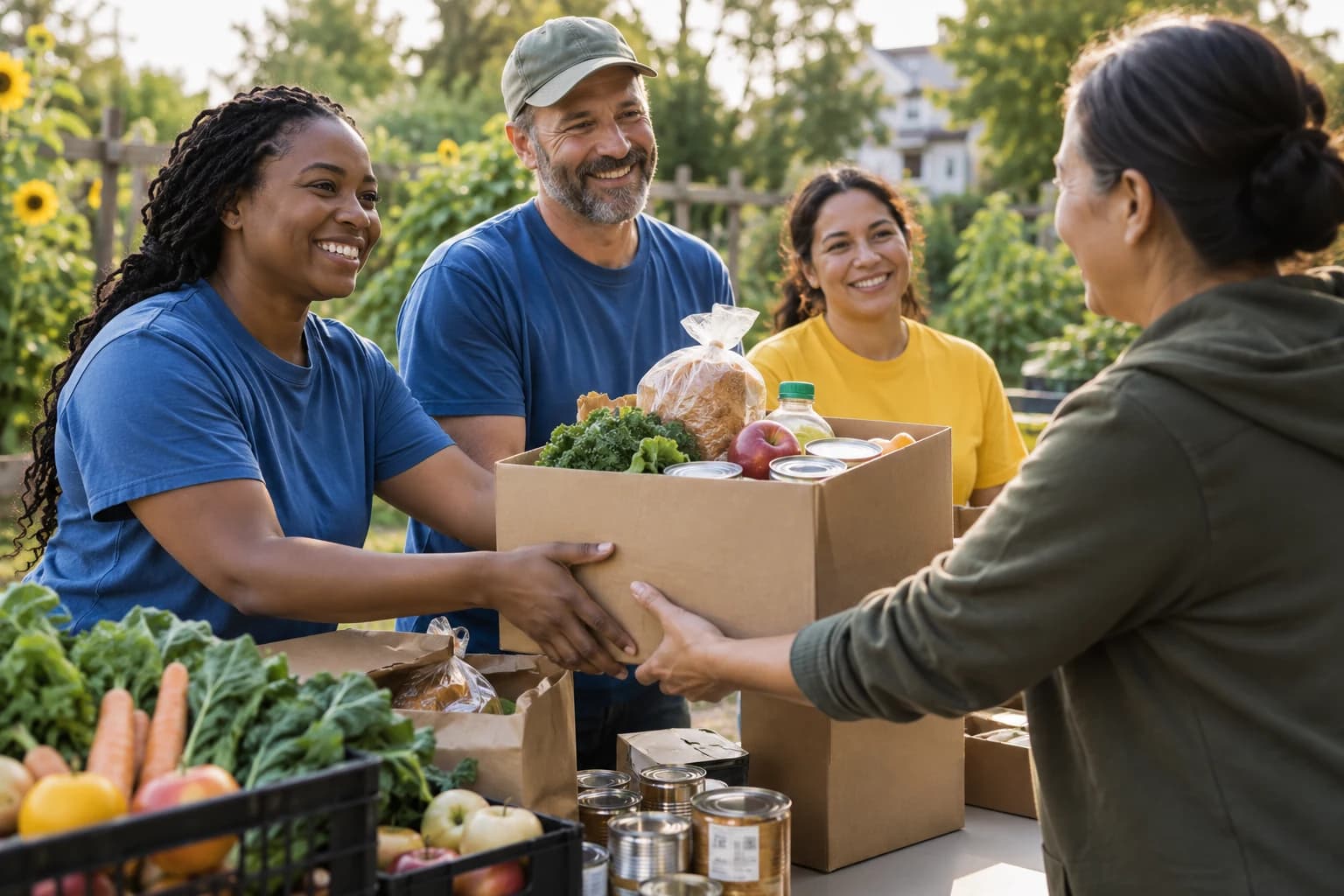 Community volunteers working together at a food drive