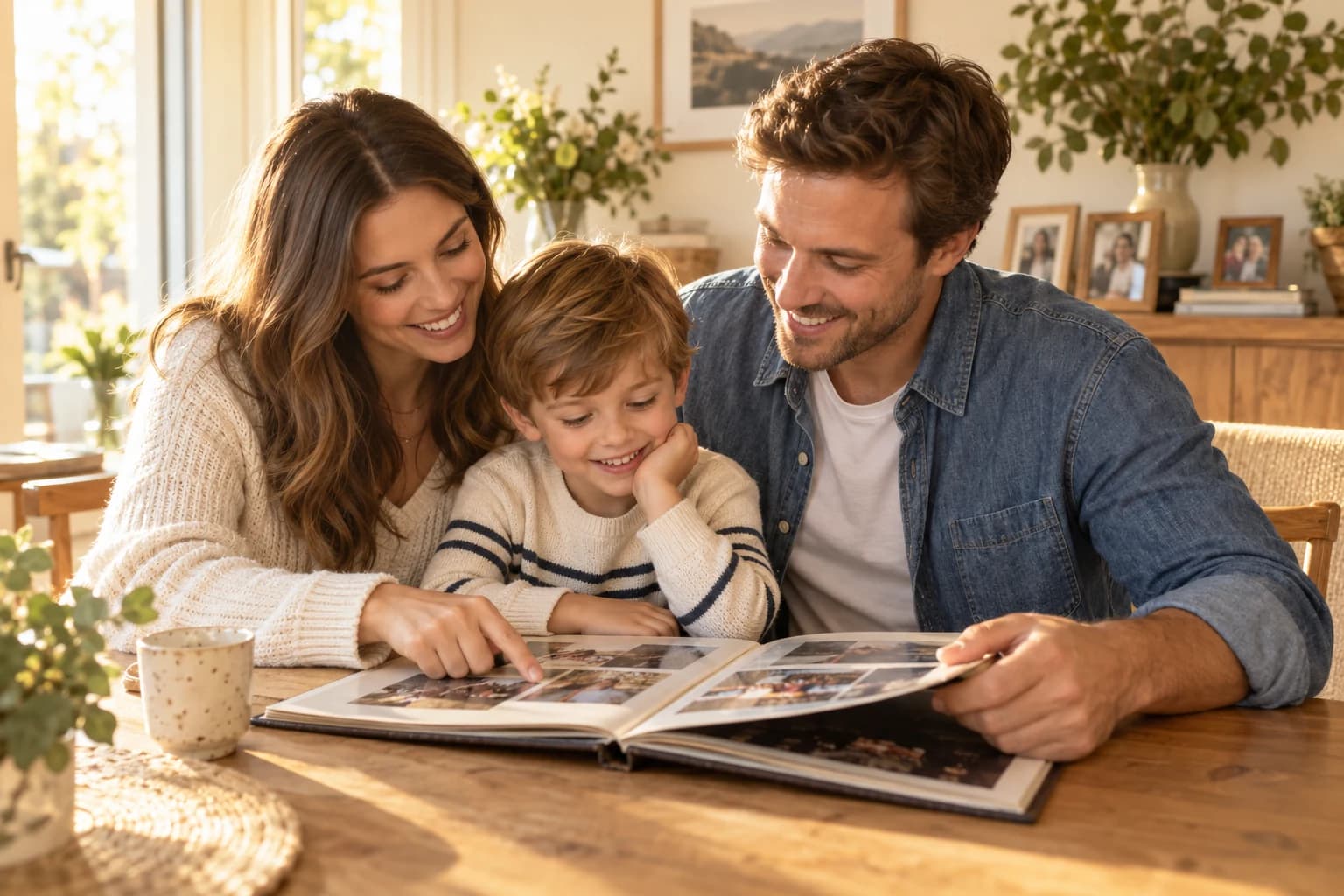 A family sharing memories from a photograph album