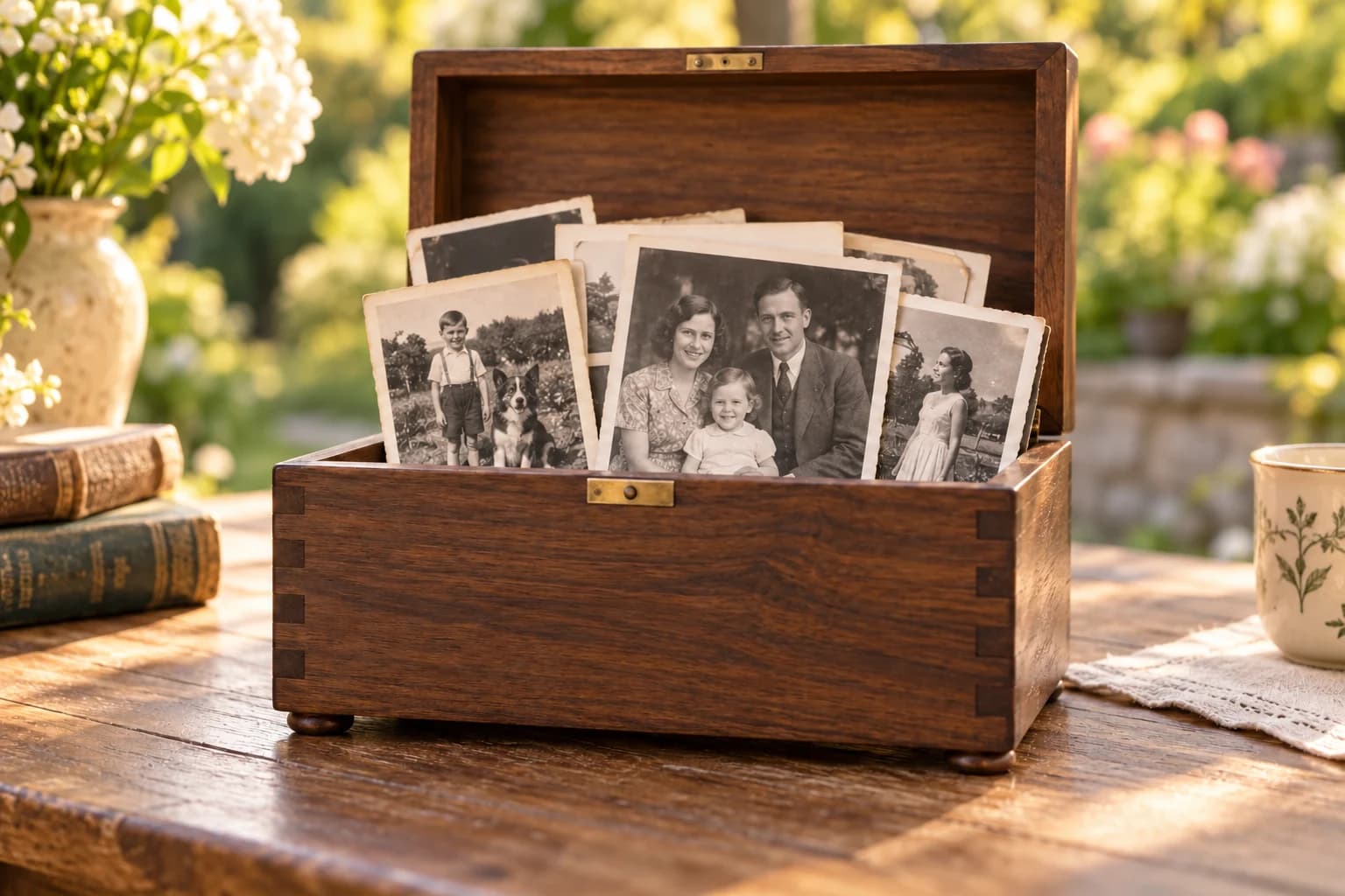 Family photographs in a plain walnut keepsake box with a simple brass latch