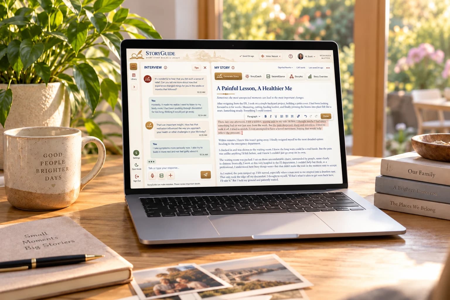StoryGuide’s interview and story editor displayed on a laptop in a sunlit workspace