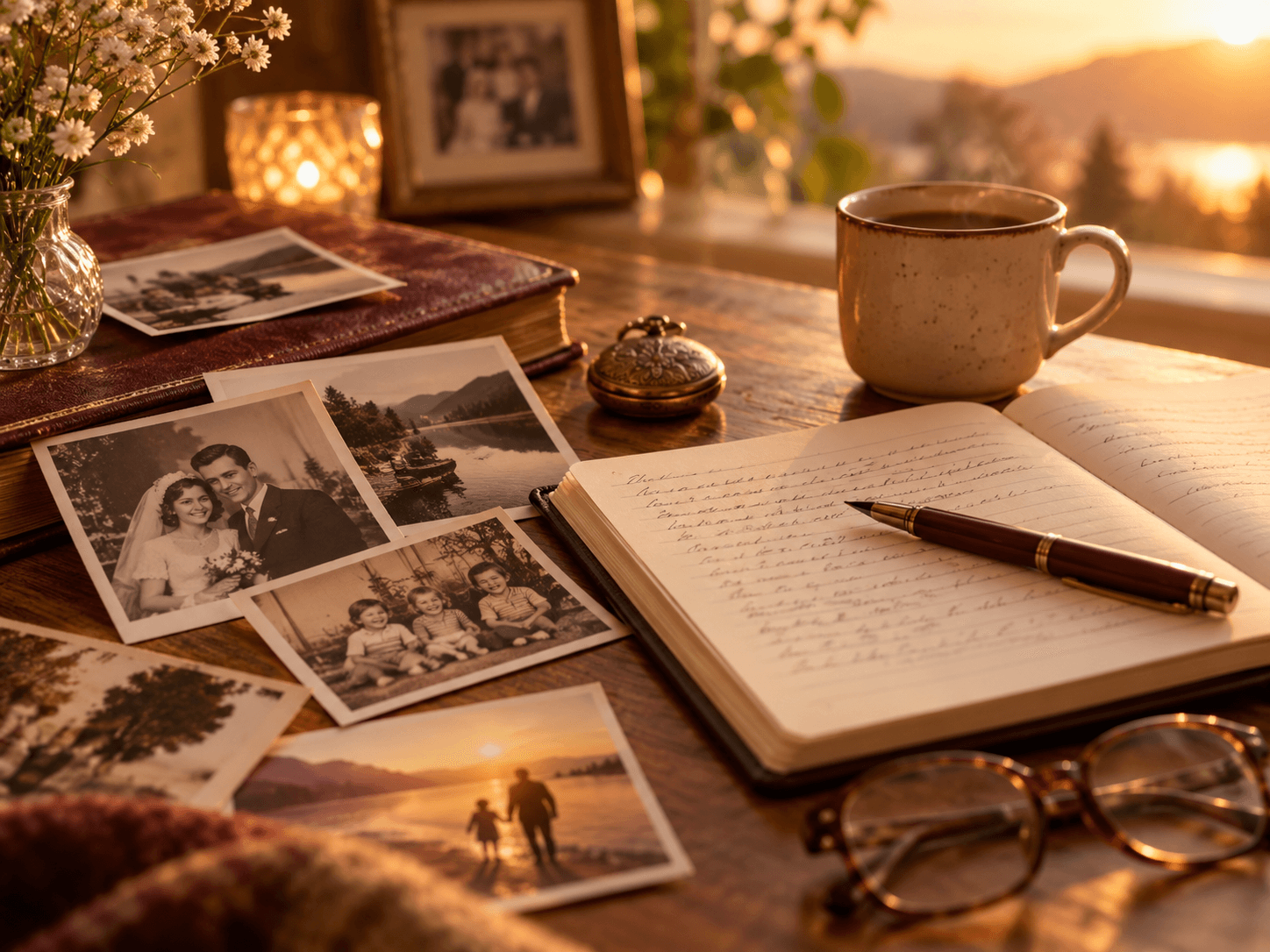 Family photographs, a handwritten journal, and a fountain pen on a warmly lit table