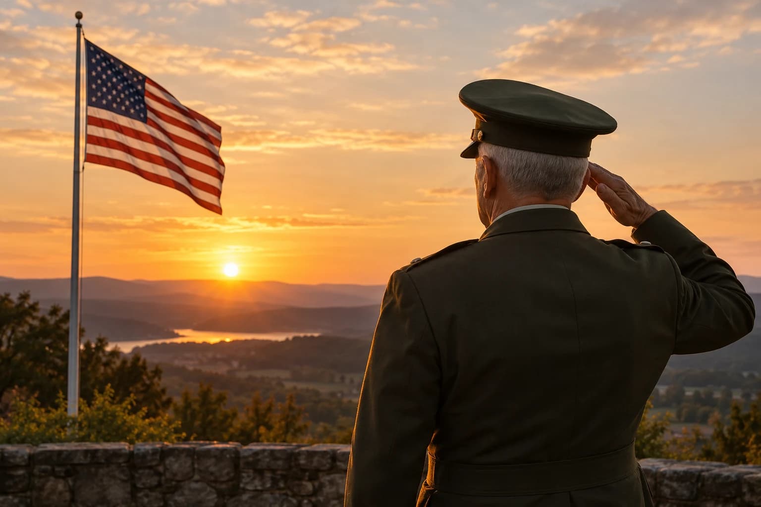 A veteran saluting the American flag at sunset