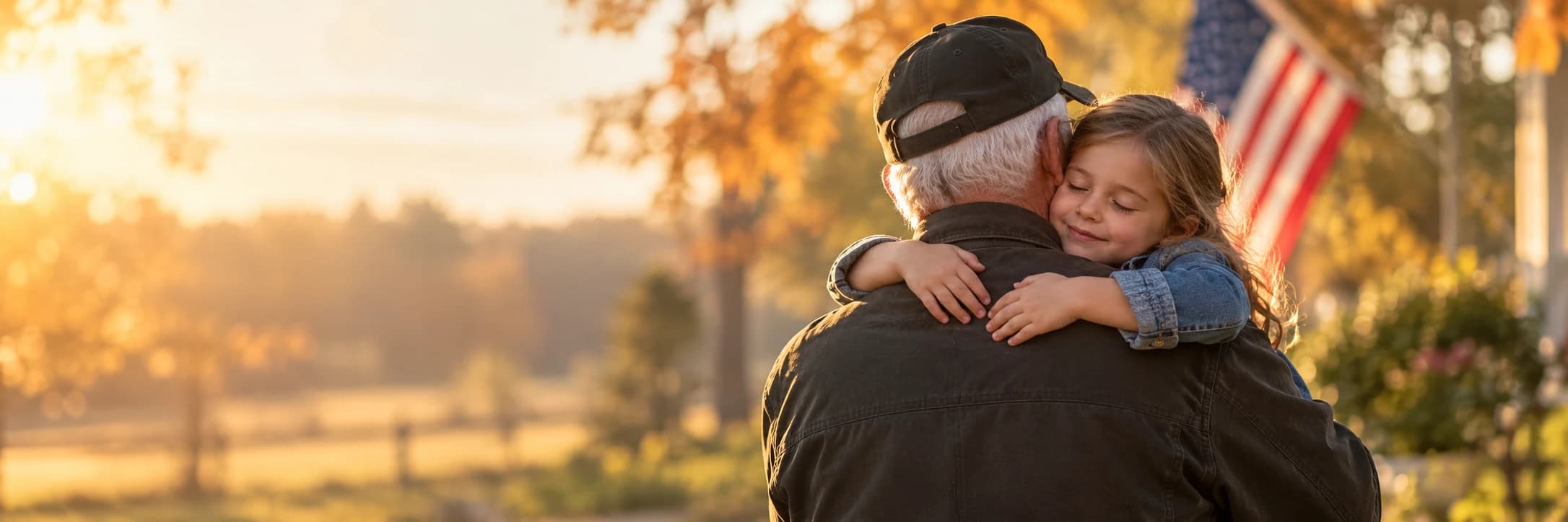 A veteran grandfather and his granddaughter sharing a hug