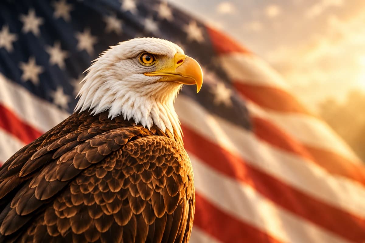 A bald eagle in front of the American flag, lit by golden sunlight