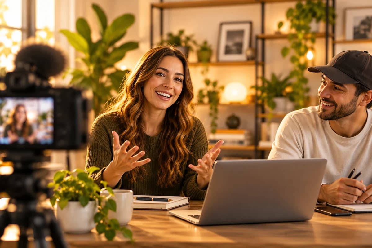 Two creators sharing ideas at a laptop while recording a conversation