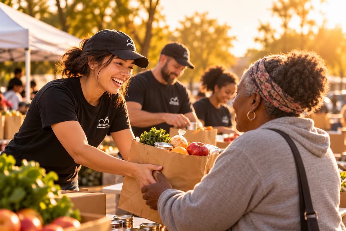 Volunteers sharing a bag of groceries and a warm conversation with a community member